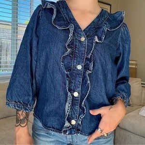 Zara NWT Z1975 Ruffled Denim Button-Up Blouse, sz XS 3/4 length sleeveS